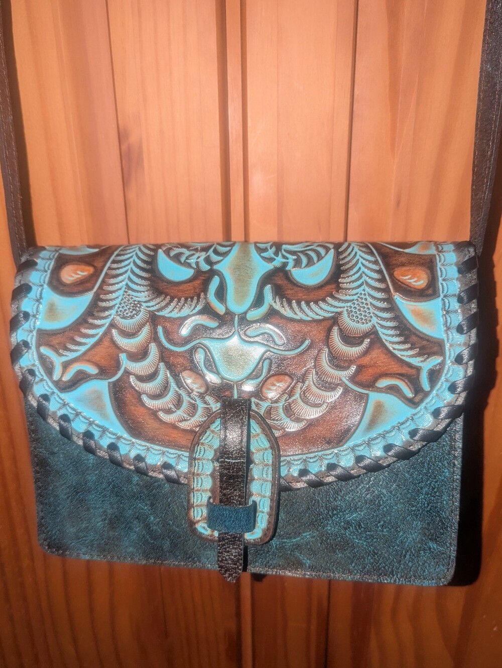 Patricia Nash Turquoise and Brown Tooled Leather Crossbdy Organizer